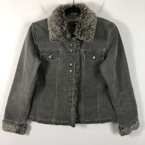 Vintage In-Colour Denim Trucker Jean Jacket Fur Collar & Sleeves Sz M Dark Gray